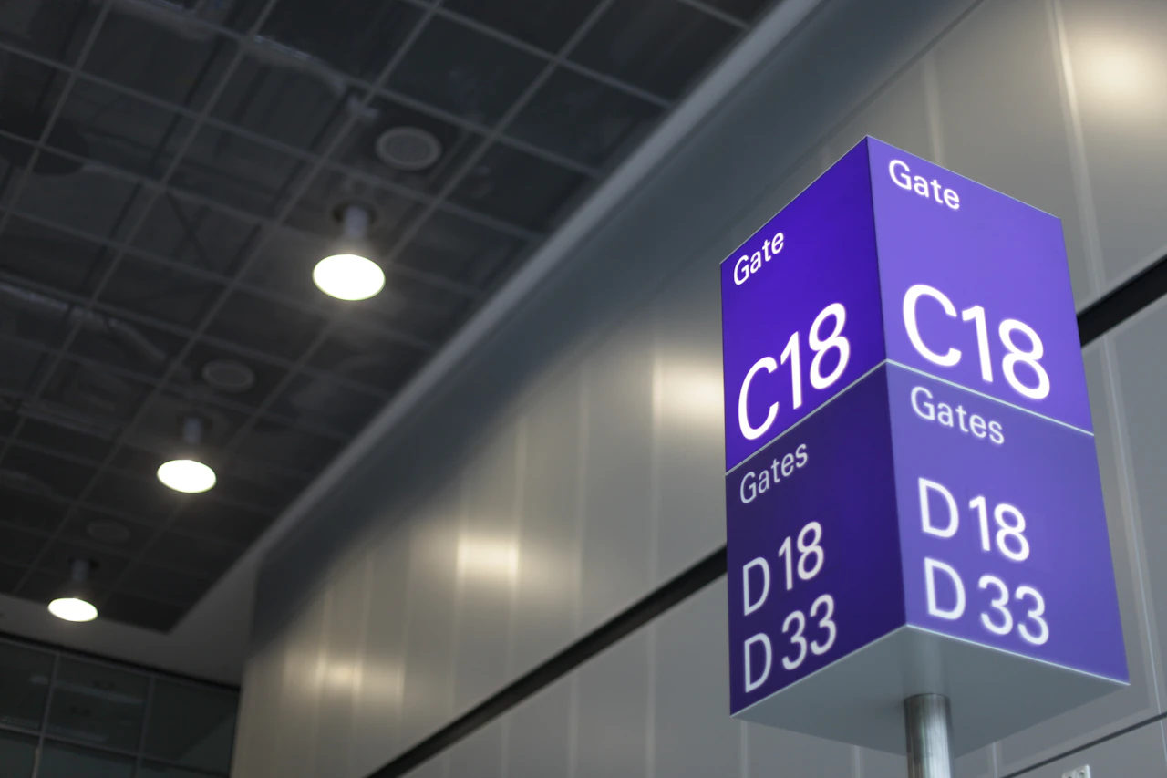 法兰克福机场的紫色登机口指示牌，写着 Gate C18、Gates D18 和 D33，背景是深色格栅天花板