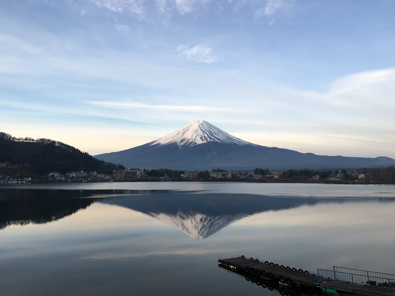 Mount Fuji over Lake Kawaguchi shortly after sunrise
